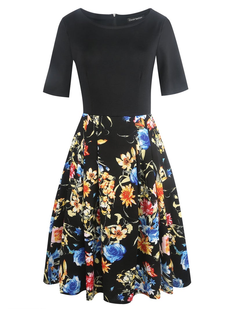 oxiuly Women's Vintage Patchwork Pockets Puffy Swing Casual Party Dress OX165 (Black Floral, l) - Image 3